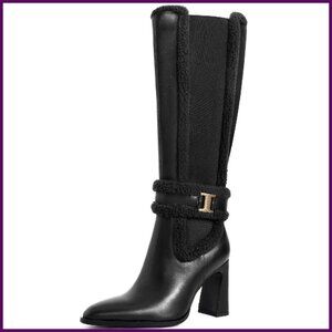 Knee High Boots Chunky Heel Pointed Toe Winter Riding Pull On Side Zipper